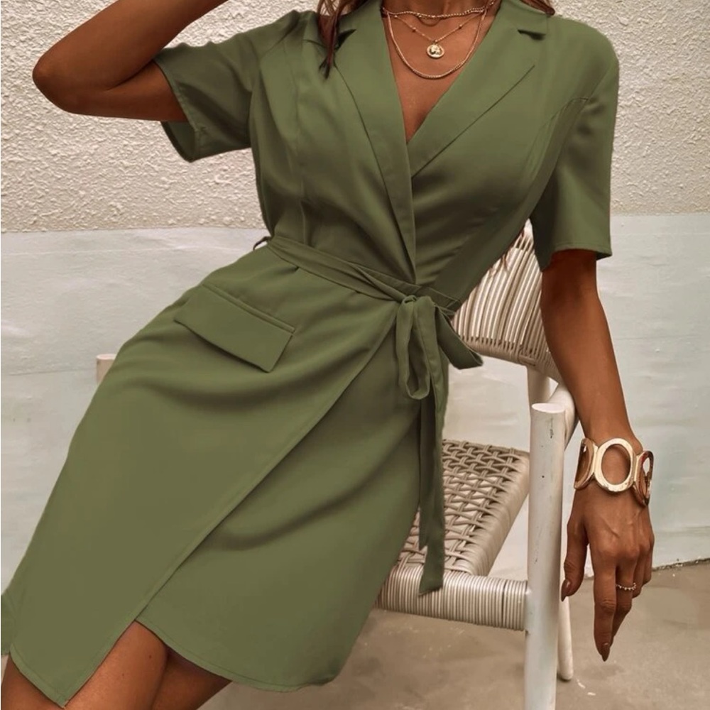 Army Green Belted Flap Detail Blazer Dress